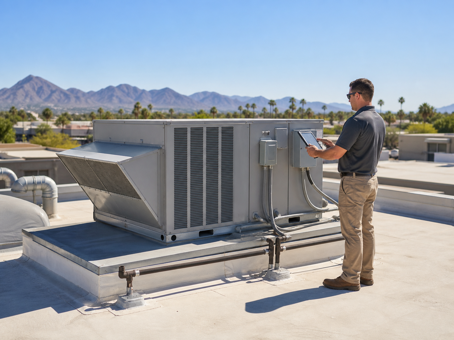 Illustrative placeholder of a technician inspecting commercial rooftop HVAC equipment